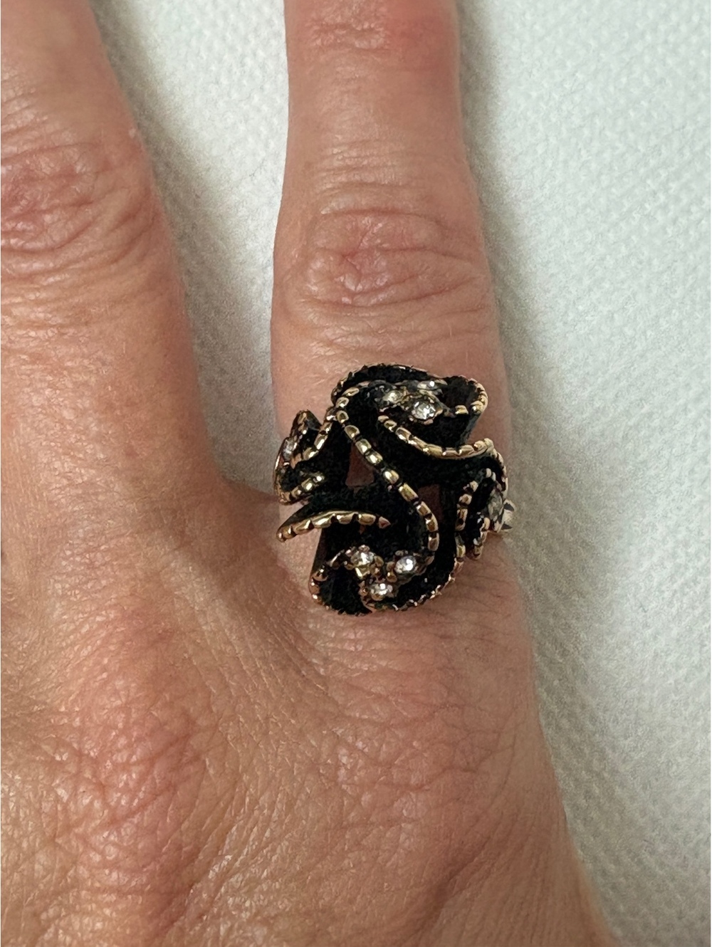 Vintage Gold-Tone Swirling Ring with Black Enamel and Clear Rhinestones, Gift-Ed